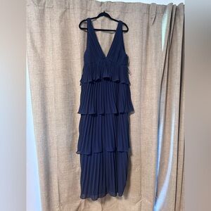 Mesmerizing Essence Navy Pleated Backless Tiered Maxi Dress